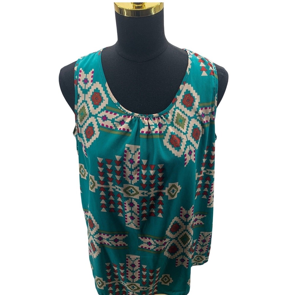 Moa Moa Womens Teal Geometric Southwestern Print Open Back Tank Top Medium